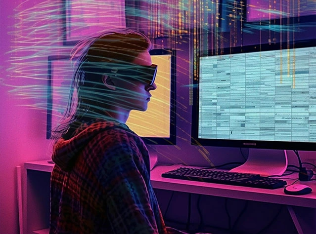 Woman using computer with data visualization overlay